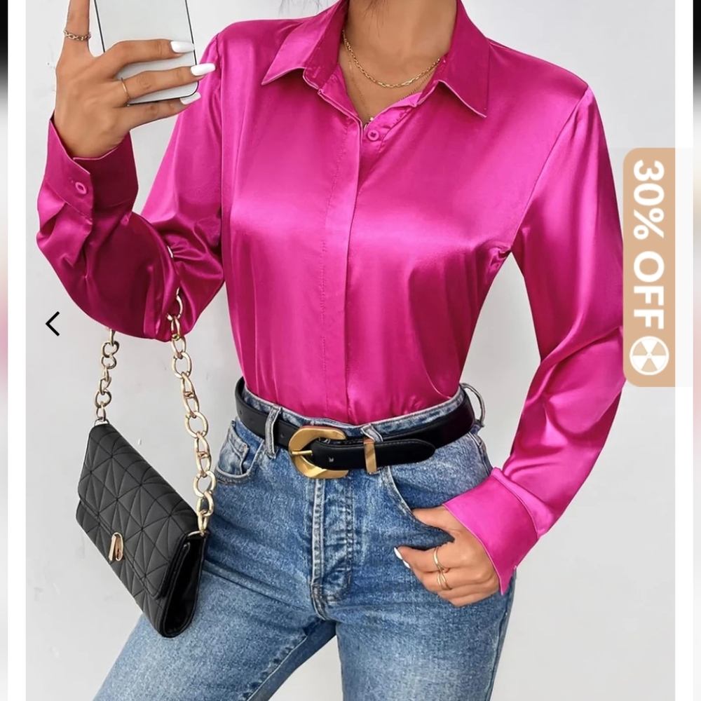 #141 NWT Zeagoo Satin Blouses Casual Long Sleeve Button Down Silk Shirts